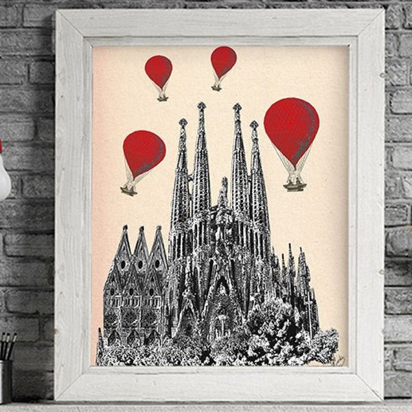 Sagrada Familia Red Hot Air Balloons - Barcelona art hot air balloon decorations hot air balloon art Home spanish poster red room decor