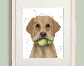Labrador retriever art Yellow lab decor - Labrador yellow tennis balls - Yellow labrador gift Yellow dog print Funny dog gift Dog poster art