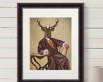 Library art - The Illustrious Deer - stag print stag decor stag wall art stag art print dining room art mens bedroom decor unique art print