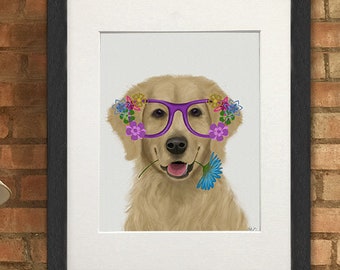 Golden retriever in flower glasses Dog gift for her Retriever wall art Golden dog decor Painting of dog Dog poster print Retriever art