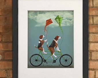 Beagle print - Beagle on tandem - Tandem bike Tandem bicycle Beagle decor Tandem cycle Beagle dog gift Beagle art Beagle gift Dog owner gift