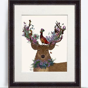 Woodland deer - Deer bird keeper Scottish - Deer art decor Deer poster Stag print Bird gift Bird lover Bird painting Deer print Bird art