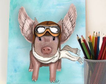 Flying pig illustration Aviator Piggy flying pig print children's decor kids room decor pig picture Wall Decor Wall hanging Wall art