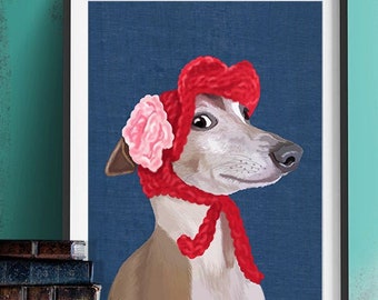 Greyhound art print - Italian greyhound with Red Hat - Greyhound print greyhound decor funny dog wall art gift for dog lover gift girlfriend