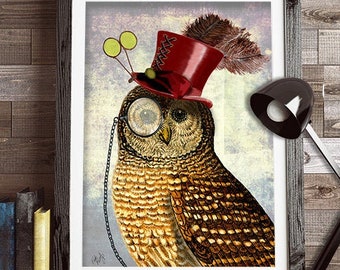 Steampunk Owl  Top Hat Art Print Illustration Poster Wall Decor Wall Art Wall Hanging Owl Picture