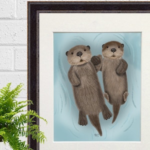 Otter Art Print - Otters in love - Otters holding hands paws Otter print Otter wall art otter illustration wall decor otter gift painting