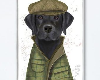 Labrador Black country dog Gift for farmer Farmhouse decor black lab painting cozy log cabin art green hat coat dad picture funny poster