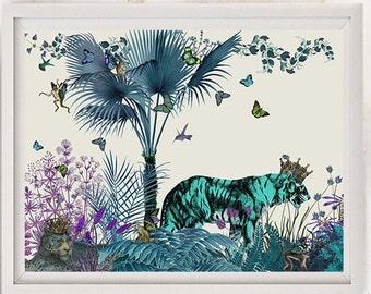 Tiger Print - Blue Tiger Tropical Jungle tiger illustration tiger picture tropical decor tropical leaf tropical Print jungle print colorful