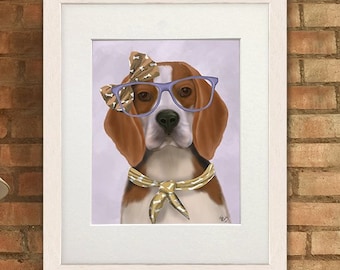 Beagle print art - Beagle glasses and bowtie - Beagle dog lover Beagle canvas Beagle decor Dog mom gift Dog wall print Nursery dog art