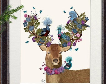 Deer art decor - Deer bird keeper blue pigeons - Deer print Woodland deer Deer poster Deer home art print Stag print Deer painting Bird art