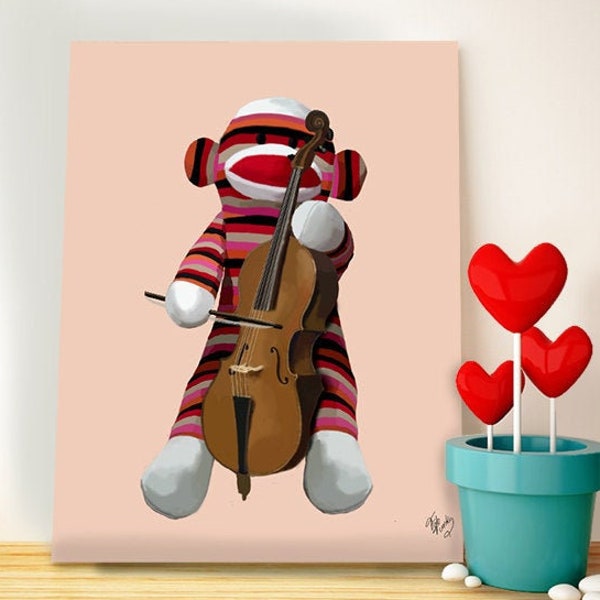 Sock Monkey print -Sock Monkey Cello - sock monkey gift Sock monkey room decor sock monkey wall decor modern nursery Wall Art Baby Room