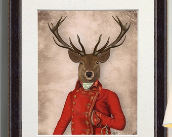 British wildlife Fine Art Print, Portrait Deer in Red and Gold Jacket -  wildlife painting dorm room decor woodland animal woodland wall art