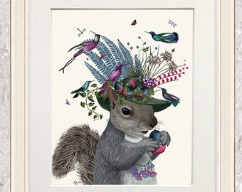 Squirrel art print, Squirrel bird keeper and blue acorns art, Cute woodland nursery wall art, Big sister gift for her British wildlife decor