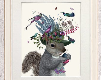 Squirrel print - Squirrel bird keeper and blue acorns - Squirrel print art Squirrel art Squirrel gift ideas Squirrel wall decor Bird lover