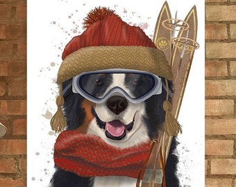 Bernese ski dog Ski lodge decor Skiing decor Bernese dog print Snow skiing wall art Funny dog print Cabin art decor Cabin decor rustic