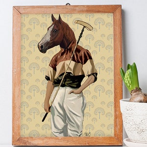 Polo Horse  Original Illustration Art Print Mixed Media Painting Animal Painting Wall Decor Wall hanging Wall Art