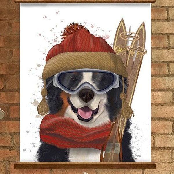 Bernese ski dog Ski lodge decor Skiing decor Bernese dog print Snow skiing wall art Funny dog print Cabin art decor Cabin decor rustic