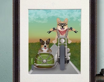 Corgi gift - Corgi chopper and side car - Corgi mom Pembroke Welsh corgi Corgi artwork Corgi Wall art Dog art prints Funny dog Dog canvas