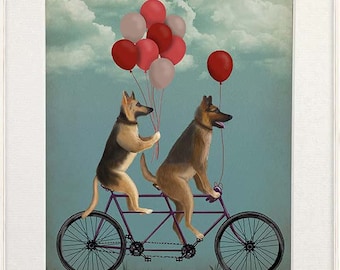 German shepherd decor - German shepherd on tandem - Gsd German shepherd wall art Dog gift for girl Dog mom Tandem bicycle Bike wedding gift