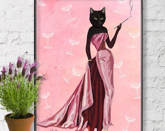 Glamour Cat in Pink cat drawing cat poster cat wall decor cat illustration cat picture gift cat lover black cat print cat art painting