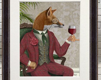 Fox watercolor print - Wine taster fox red portrait - Fox canvas Woodland animal Fox art Foxy decor Gift for husband Unique wine gifts