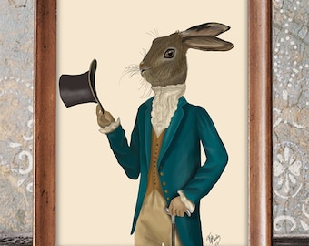 Hare Print - Hare in Turquoise Coat  - Hare picture Hare wall art Hare poster hare art print Rabbit decor Bunny wall decor Rabbit Print