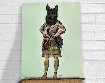 Scottie Dog in Kilt  scottish terrier, art print picture painting dog graphic illustration art picture poster drawing gift dog lover