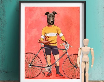 Greyhound Dog on Bike  Art Print, Wall Art, Wall Decor, Wall Hanging Cyclist Dog Biking, cycling bicycle, tour de france