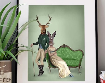 Deer Print - Deer & Mrs Rabbit Print - Deer wall art Deer poster stag art print deer decor Regency Style wall art  home decor gift for wife