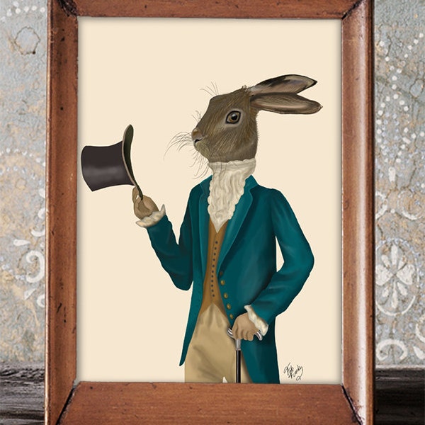 Hare Print - Hare in Turquoise Coat  - Hare picture Hare wall art Hare poster hare art print Rabbit decor Bunny wall decor Rabbit Print