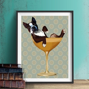 Boston Terrier  Cocktail Glass boston terrier print, dog gift, dog lover, picture painting illustration art picture poster drawing