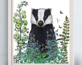 Badger Print - Badger in the garden - Badger art gardening print gardeners gift Badger portrait gardening art woodland Badger art print room