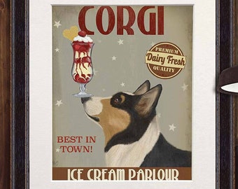 Corgi canvas - Corgi black and tan Ice Cream Dog - Corgi gift Corgi lover gift Corgi owner gift Corgi mom Corgi art print Corgi dog picture