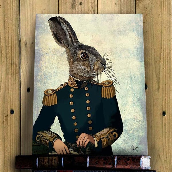 Lieutenant Hare Print  hare illustration hare art print military print military art military decor Rabbit art Rabbit Print Rabbit decor gift