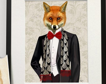 Fox Painting British wildlife art, Fox Red Bow Tie -  UK shops only fox print fox illustration fox hunting gift large art print fox canvas