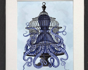 Octopus tentacle - Octopus in cage blue - Kitchen decor Kitchen print Kitchen decor rustic Wall art for kitchen Squid wall art Octopus print