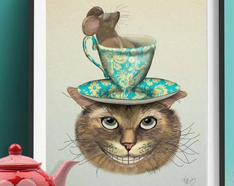 Alice in Wonderland Print - Cheshire Cat & Cup  - cheshire cat art cheshire cat poster cheshire cat smile alice in wonderland decor