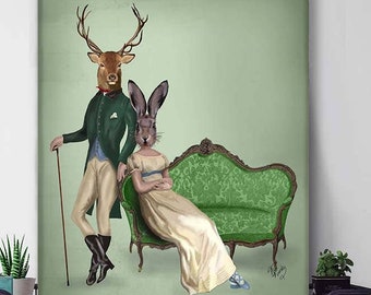 Deer Canvas Art Print Home decor - Mr Deer & Mrs Rabbit - Regency style deer art decor for green room, Anthropomorphic Stag and hare print