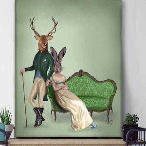 Deer Canvas Art Print Home decor - Mr Deer & Mrs Rabbit - Regency style deer art decor for green room, Anthropomorphic Stag and hare print