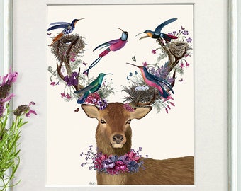 Deer head art print - Deer bird keeper tropical bird nests - Deer painting Woodland deer Deer art Bird lover Deer decor Bird illustration
