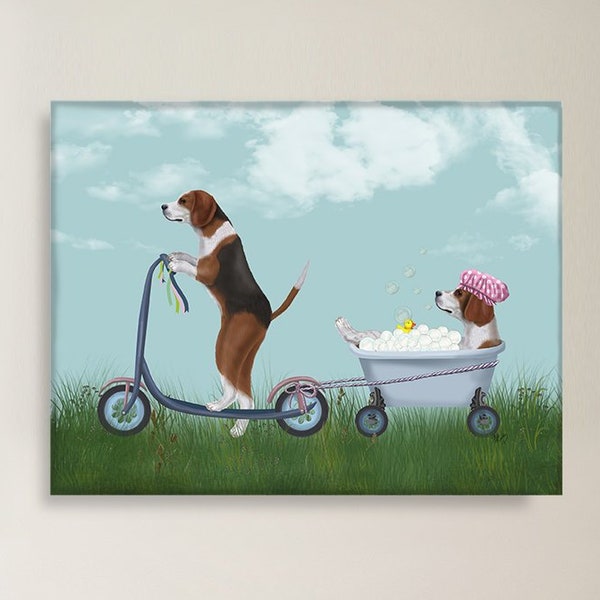 Beagle on scooter Bathroom decor Funny dog print Bathtime Kids bathroom Funny bathroom art Gift for couple Washroom wall decor Unique gift