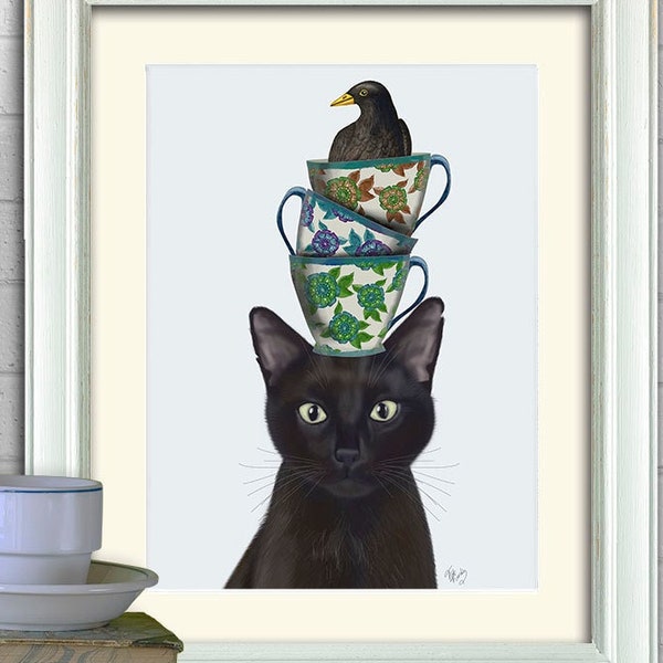 Black Cat teacups and Blackbird - Teacup print kitchen decor kitchen print kitchen wall art gift for cat lovers home office decor cat gift
