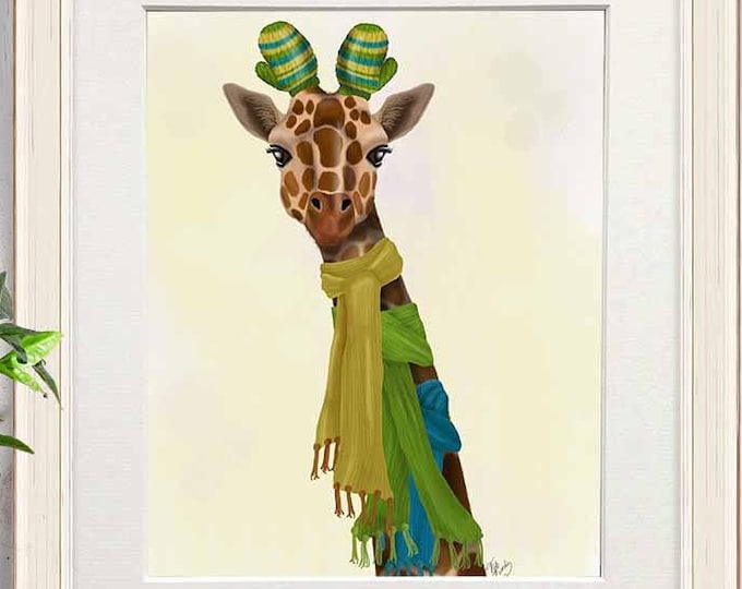 Safari nursery decor, Giraffe dressed in scarf & gloves, Cute wall art for children room framed or canvas print, Funny animal pictures