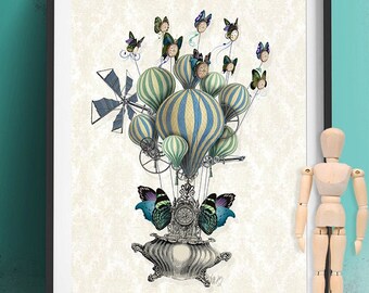 Steampunk poster - Flutter Time - steampunk gift Steampunk artwork Buttterfly Print picture butterfly home decor Butterfly wall decor