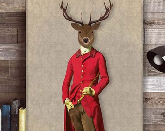 Stag art print, Anthropomorphic deer in Regency style fuchsia red Jacket, Antler print for country living room, Print on canvas or framed