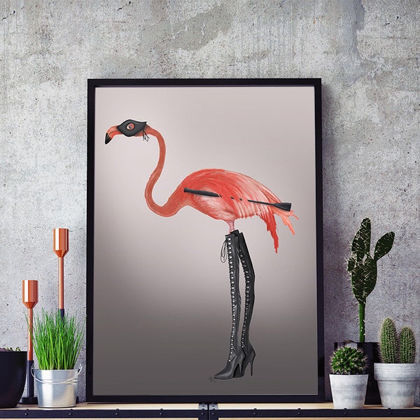 Pink Flamingo print in Kinky Boots - Flamingo wall art Dominatrix poster fetish illustration erotic print bdsm digital print wall art decor