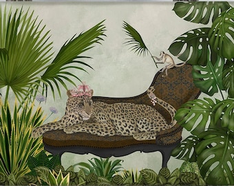 Tropical decor print - Leopard chaise longue - Tropical leaf Cat decor Monstera leaf Palm art Monkey lover Gift for him Green wall art