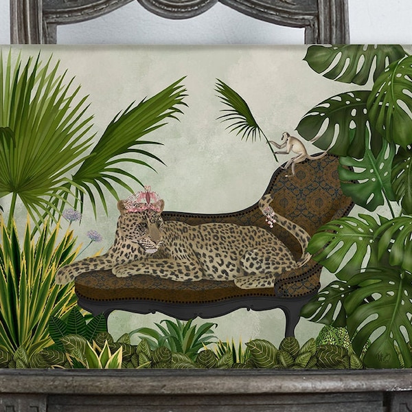 Tropical decor print - Leopard chaise longue - Tropical leaf Cat decor Monstera leaf Palm art Monkey lover Gift for him Green wall art