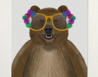 Cute bear gift, Funny bear print for children bedroom, Brown bear in glasses, Woodland bear framed art print, Forest bear cabin decor