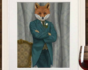 Fox illustration - Fox victorian gentlemen portrait - Woodland fox decor Red fox print Fox wall art Fox canvas Fox art print Fox poster